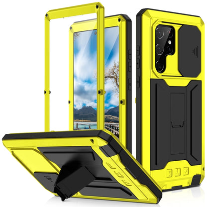 For Samsung Galaxy S22 Ultra 5G R-JUST Sliding Camera Metal + Silicone Holder Phone Case(Yellow) - Galaxy S22 Ultra 5G Cases by R-JUST | Online Shopping South Africa | PMC Jewellery | Buy Now Pay Later Mobicred