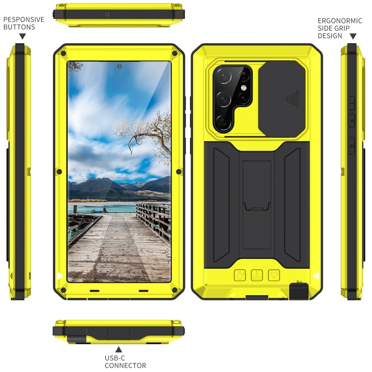 For Samsung Galaxy S22 Ultra 5G R-JUST Sliding Camera Metal + Silicone Holder Phone Case(Yellow) - Galaxy S22 Ultra 5G Cases by R-JUST | Online Shopping South Africa | PMC Jewellery | Buy Now Pay Later Mobicred