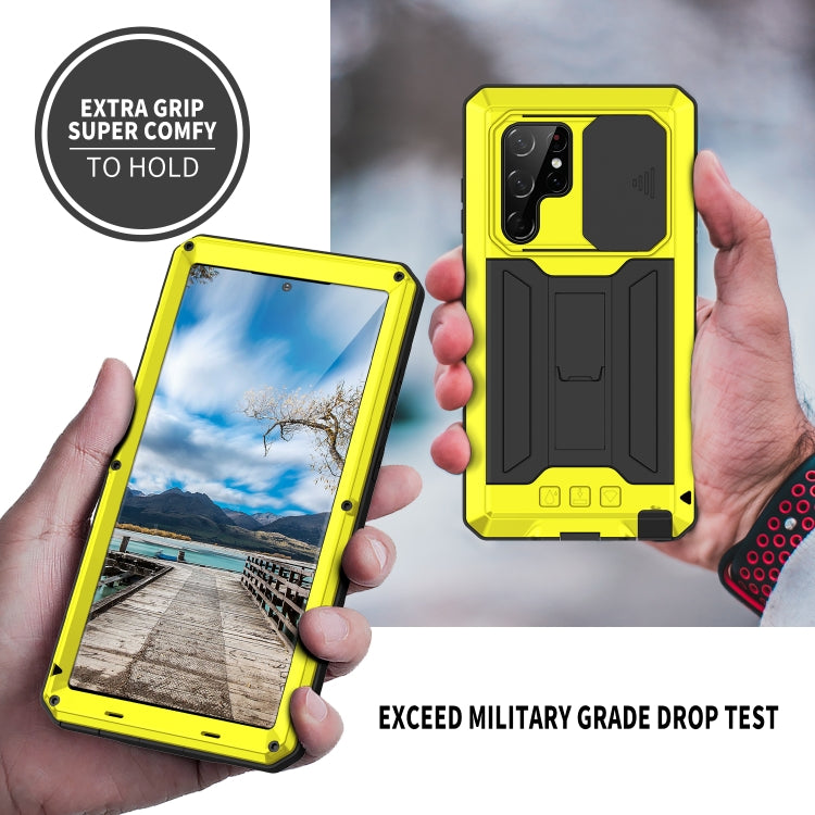 For Samsung Galaxy S22 Ultra 5G R-JUST Sliding Camera Metal + Silicone Holder Phone Case(Yellow) - Galaxy S22 Ultra 5G Cases by R-JUST | Online Shopping South Africa | PMC Jewellery | Buy Now Pay Later Mobicred