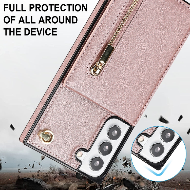 For Samsung Galaxy S22 5G Cross-body Square Zipper Card Holder Bag Phone Case(Rose Gold) - Galaxy S22 5G Cases by PMC Jewellery | Online Shopping South Africa | PMC Jewellery