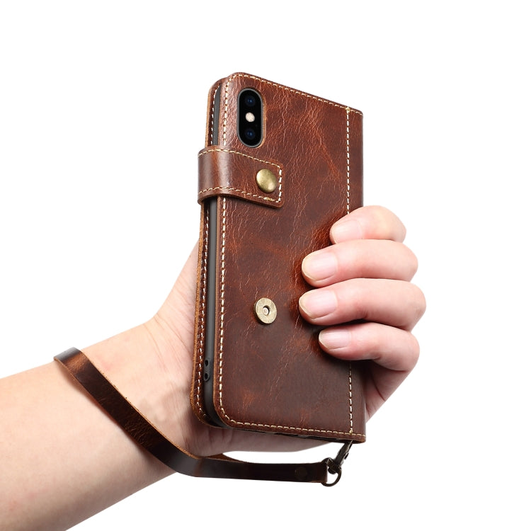 For iPhone XR Denior Oil Wax Cowhide DK Magnetic Button Horizontal Flip Leather Case with Holder & Card Slots & Wallet(Brown) - More iPhone Cases by Denior | Online Shopping South Africa | PMC Jewellery | Buy Now Pay Later Mobicred