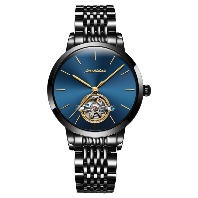 JIN SHI DUN 8812 Women Simple Hollowed Waterproof Automatic Mechanical Watch(Black Steel Strip Blue) - Metal Strap Watches by JIN SHI DUN | Online Shopping South Africa | PMC Jewellery | Buy Now Pay Later Mobicred