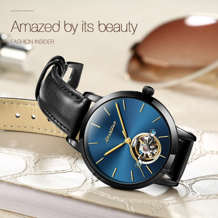 JIN SHI DUN 8812 Women Simple Hollowed Waterproof Automatic Mechanical Watch(Black Steel Strip Blue) - Metal Strap Watches by JIN SHI DUN | Online Shopping South Africa | PMC Jewellery | Buy Now Pay Later Mobicred