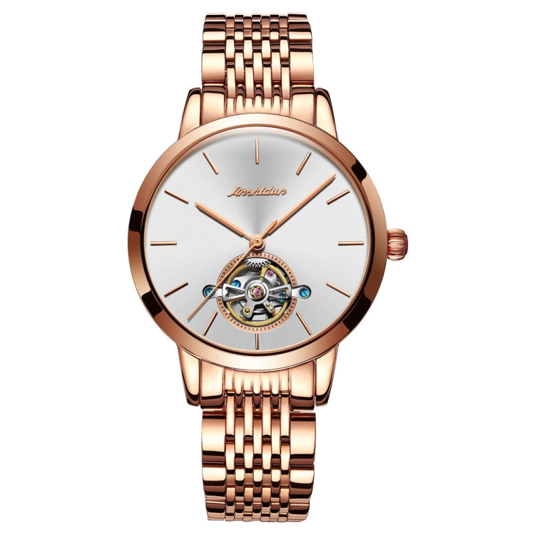 JIN SHI DUN 8812 Women Simple Hollowed Waterproof Automatic Mechanical Watch(Rose Gold Steel Strip White) - Metal Strap Watches by JIN SHI DUN | Online Shopping South Africa | PMC Jewellery | Buy Now Pay Later Mobicred