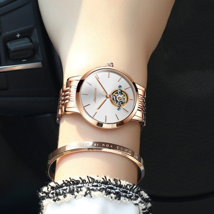 JIN SHI DUN 8812 Women Simple Hollowed Waterproof Automatic Mechanical Watch(Rose Gold Steel Strip White) - Metal Strap Watches by JIN SHI DUN | Online Shopping South Africa | PMC Jewellery | Buy Now Pay Later Mobicred