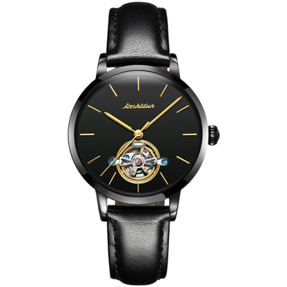 JIN SHI DUN 8812 Women Simple Hollowed Waterproof Automatic Mechanical Watch(Black Leather Strip) - Leather Strap Watches by JIN SHI DUN | Online Shopping South Africa | PMC Jewellery | Buy Now Pay Later Mobicred