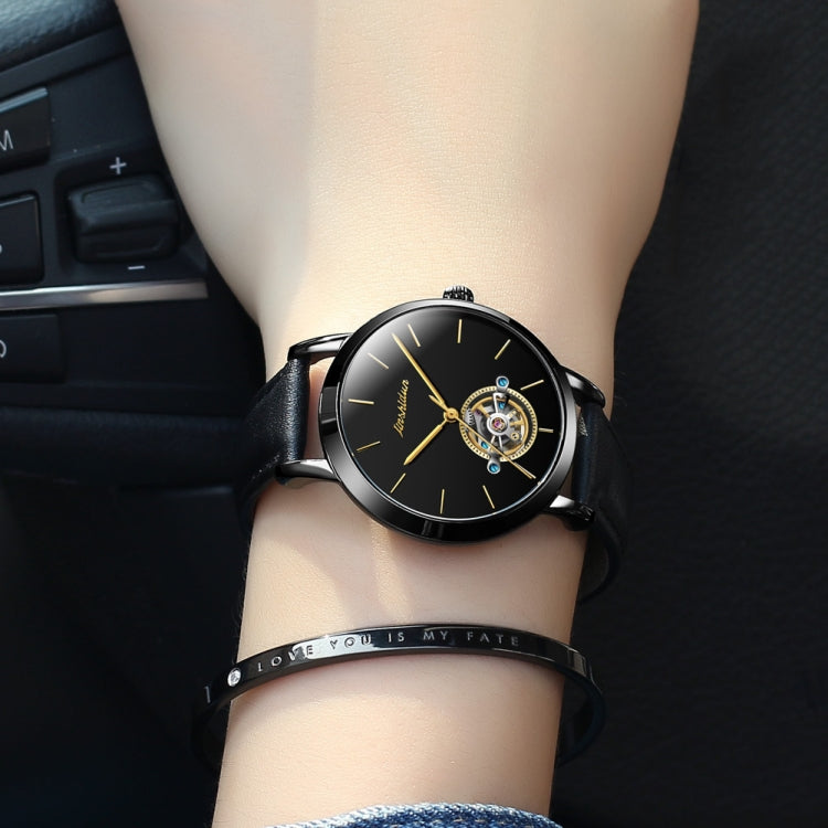 JIN SHI DUN 8812 Women Simple Hollowed Waterproof Automatic Mechanical Watch(Black Leather Strip) - Leather Strap Watches by JIN SHI DUN | Online Shopping South Africa | PMC Jewellery | Buy Now Pay Later Mobicred