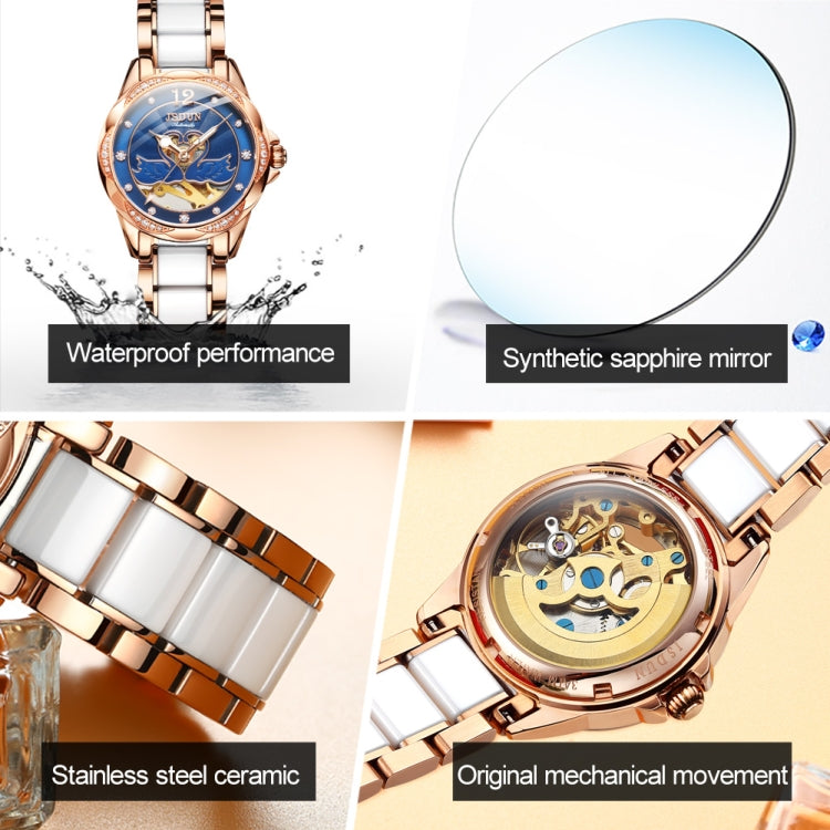 JIN SHI DUN 8831 Women Fashion Diamond Hollowed Waterproof Ceramic Mechanical Watch(Blue) - Metal Strap Watches by JIN SHI DUN | Online Shopping South Africa | PMC Jewellery | Buy Now Pay Later Mobicred