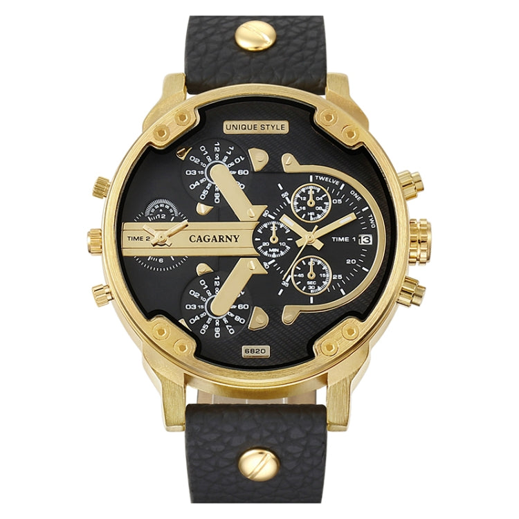 CAGARNY 6820 Round Large Dial Leather Band Quartz Dual Movement Watch For Men(Gold Black Surface Black Band) - Leather Strap Watches by CAGARNY | Online Shopping South Africa | PMC Jewellery | Buy Now Pay Later Mobicred