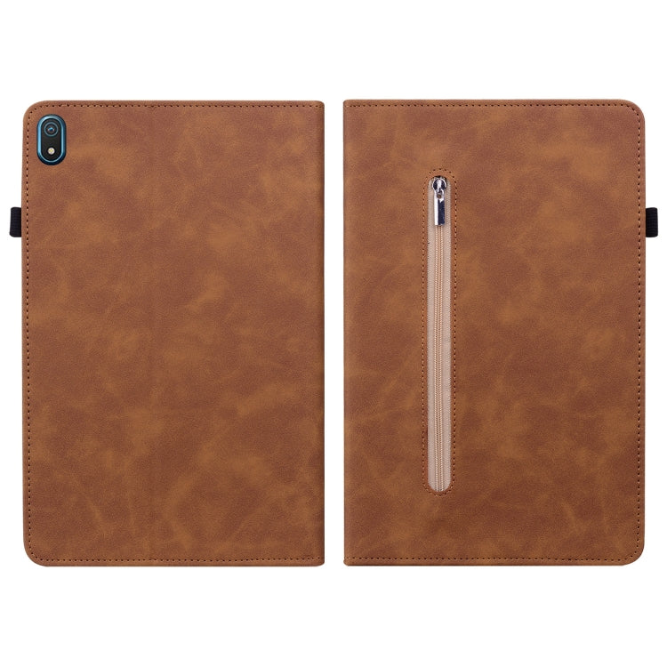 For Nokia T20 10.4 2021 Skin Feel Solid Color Zipper Leather Tablet Case(Brown) - Nokia by PMC TechLife | Online Shopping South Africa | PMC TechLife