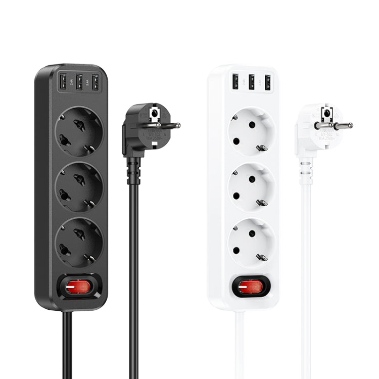 hoco NS2 3-position + 3-USB Extension Cord Socket, EU Plug(Black) - Extension Socket by hoco | Online Shopping South Africa | PMC Jewellery