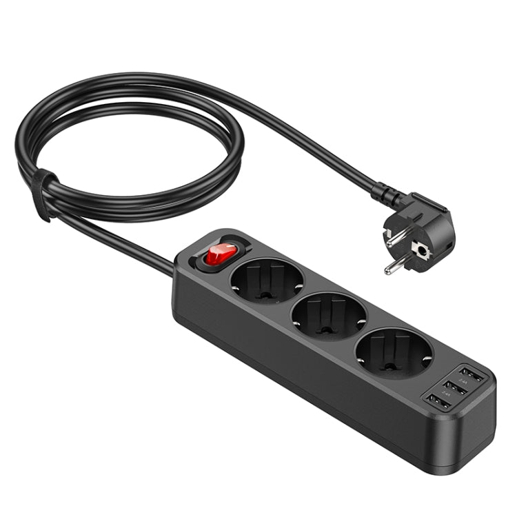 hoco NS2 3-position + 3-USB Extension Cord Socket, EU Plug(Black) - Extension Socket by hoco | Online Shopping South Africa | PMC Jewellery