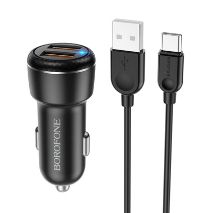 Borofone BZ17 Dual USB Ports QC3.0 Car Charger with Type-C / USB-C Charging Cable(Black) - Car Charger by Borofone | Online Shopping South Africa | PMC Jewellery