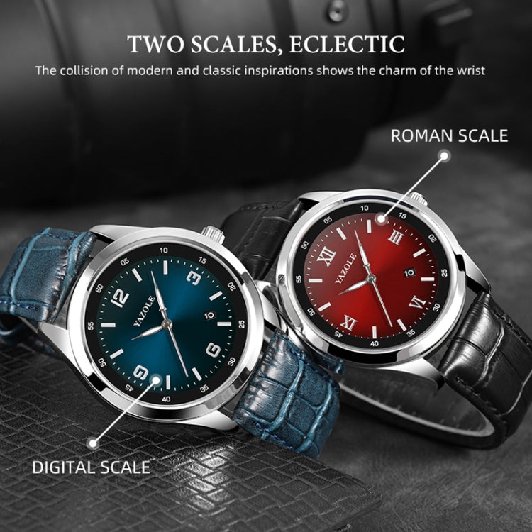 YAZOLE 552 Luminous Pointer Calendar Waterproof Quartz Watch(Roman+Red+Black) - Leather Strap Watches by YAZOLE | Online Shopping South Africa | PMC Jewellery | Buy Now Pay Later Mobicred