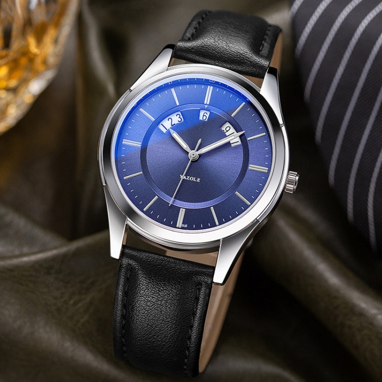 YAZOLE 513 Leather Band Calendar Waterproof Quartz Watch(Blue+Black) - Leather Strap Watches by YAZOLE | Online Shopping South Africa | PMC Jewellery | Buy Now Pay Later Mobicred