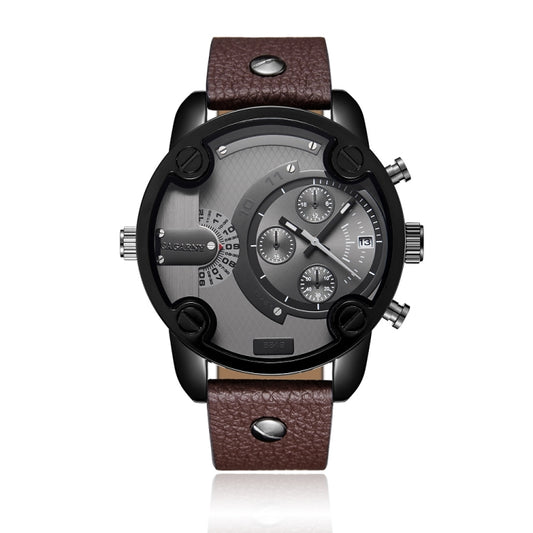 CAGARNY 6819 Multifunctional Dual Time Zone Quartz Business Sport Watch for Men(Black Shell Grey Surface Brown Leather) - Leather Strap Watches by CAGARNY | Online Shopping South Africa | PMC Jewellery | Buy Now Pay Later Mobicred