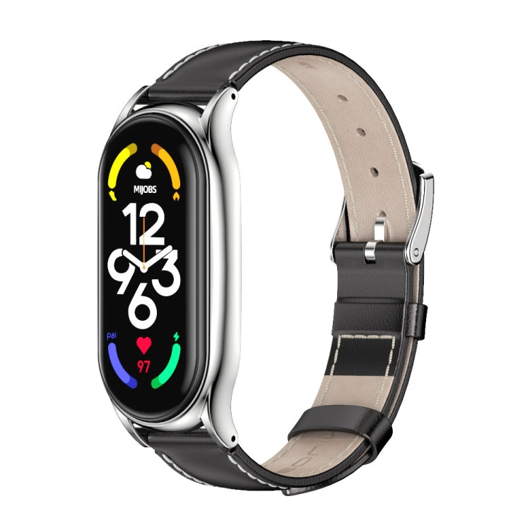 For Xiaomi Mi Band 7 / 7 NFC MIJOBS Plus Genuine Leather Watch Band(Black Silver) - Watch Bands by MIJOBS | Online Shopping South Africa | PMC Jewellery | Buy Now Pay Later Mobicred