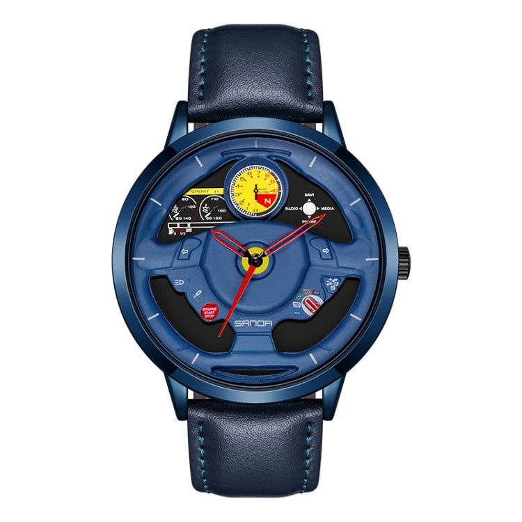 SANDA 1085 Steering Wheel Hollow Dial Waterproof Quartz Watch, Style:Leather Band(Blue) - Leather Strap Watches by SANDA | Online Shopping South Africa | PMC Jewellery | Buy Now Pay Later Mobicred