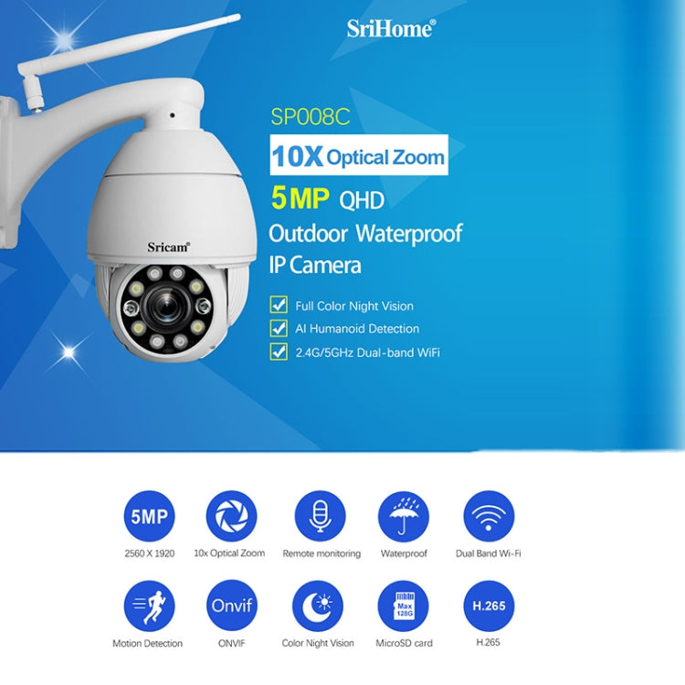 Sricam SP008C 5MP 10X Zoom IP66 Waterproof CCTV WiFi IP Camera Monitor, Plug Type:UK Plug(White) - Wireless Camera by Sricam | Online Shopping South Africa | PMC Jewellery