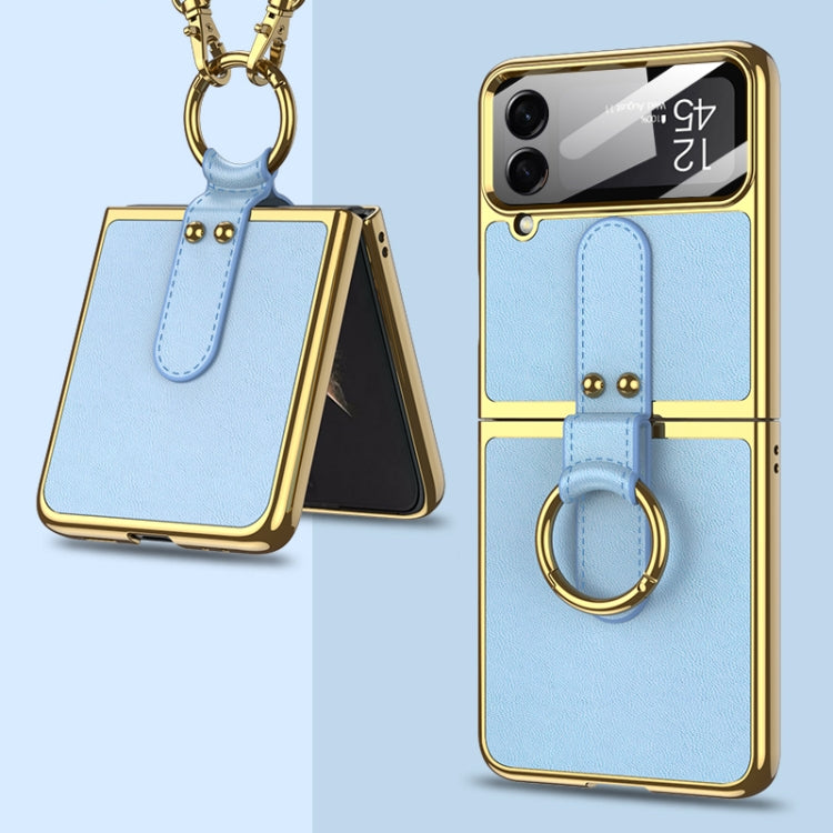 For Samsung Galaxy Z Flip4 GKK Plating + Leather Phone Case with Ring & Strap(Blue) - Galaxy Z Flip4 5G Cases by GKK | Online Shopping South Africa | PMC Jewellery | Buy Now Pay Later Mobicred