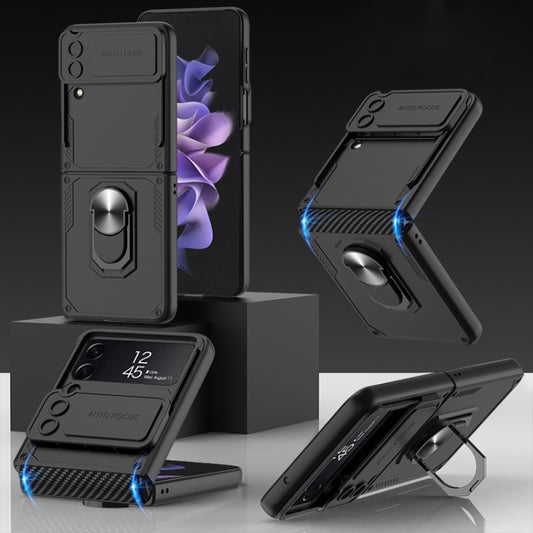 For Samsung Galaxy Z Flip4 GKK Carbon Brazing Pattern Shockproof Armor PC Phone Case with Ring Holder(Black) - Galaxy Z Flip4 5G Cases by GKK | Online Shopping South Africa | PMC Jewellery | Buy Now Pay Later Mobicred