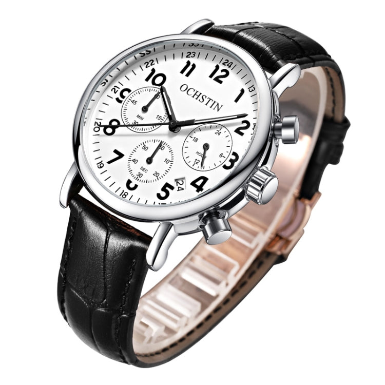 Ochstin 5081A Multifunctional Luminous Waterproof Leather Strap Quartz Watch(Silver+White+Black) - Leather Strap Watches by OCHSTIN | Online Shopping South Africa | PMC Jewellery | Buy Now Pay Later Mobicred