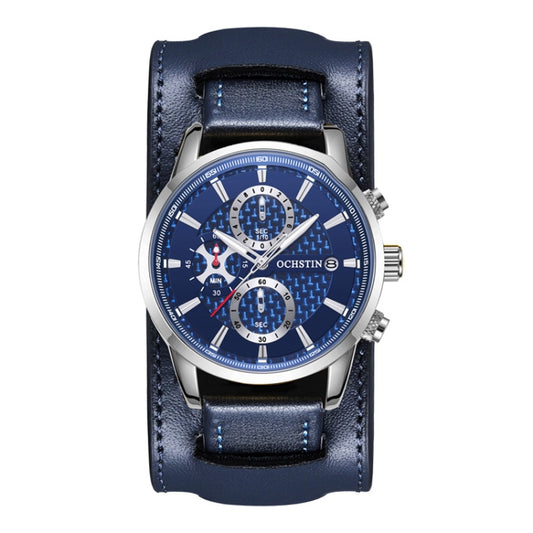 Ochstin 7231 Multifunctional Business Leather Wrist Wrist Waterproof Quartz Watch(Silver+Blue) - Leather Strap Watches by OCHSTIN | Online Shopping South Africa | PMC Jewellery | Buy Now Pay Later Mobicred