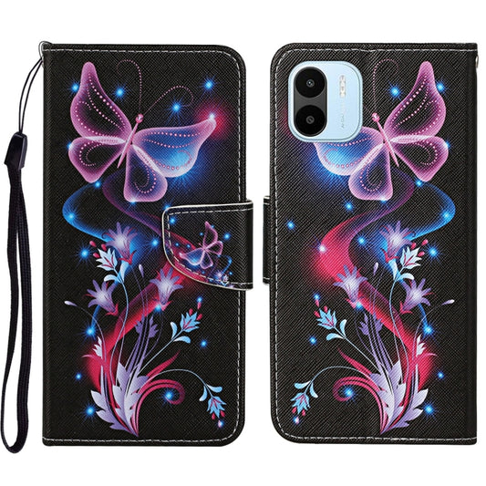 For Xiaomi Redmi A1 Colored Drawing Pattern Leather Phone Case(Fluorescent Butterfly) - Xiaomi Cases by PMC Jewellery | Online Shopping South Africa | PMC Jewellery