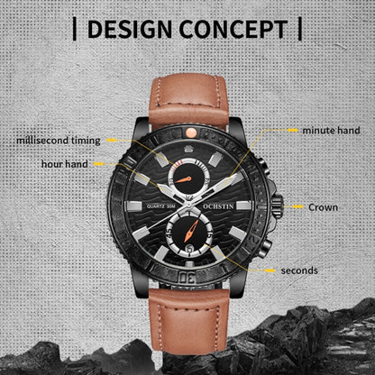 Ochstin 6045A Multifunctional Quartz Luminous Genuine Leather Men Watch(Silver+Black) - Leather Strap Watches by OCHSTIN | Online Shopping South Africa | PMC Jewellery | Buy Now Pay Later Mobicred