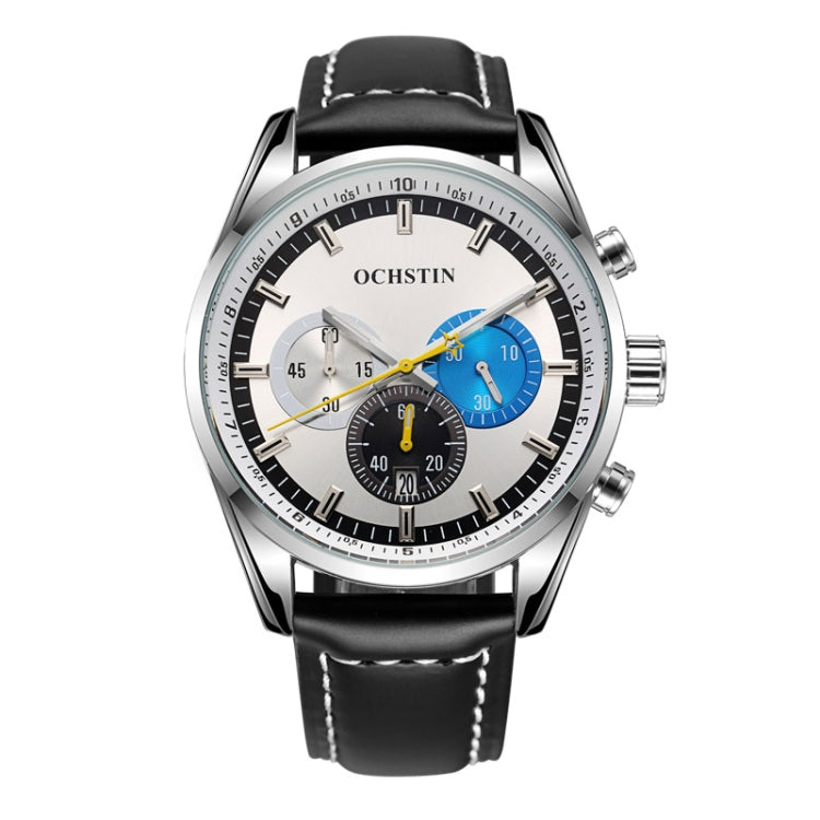 Ochstin 6046A Business Style Quartz Men Leather Watch(Silver+White Black) - Leather Strap Watches by OCHSTIN | Online Shopping South Africa | PMC Jewellery | Buy Now Pay Later Mobicred