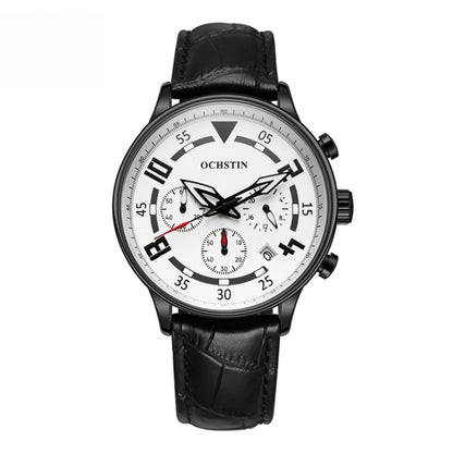 Ochstin 6050B Multifunctional Quartz Men Leather Watch(Black+White+Black) - Leather Strap Watches by OCHSTIN | Online Shopping South Africa | PMC Jewellery | Buy Now Pay Later Mobicred