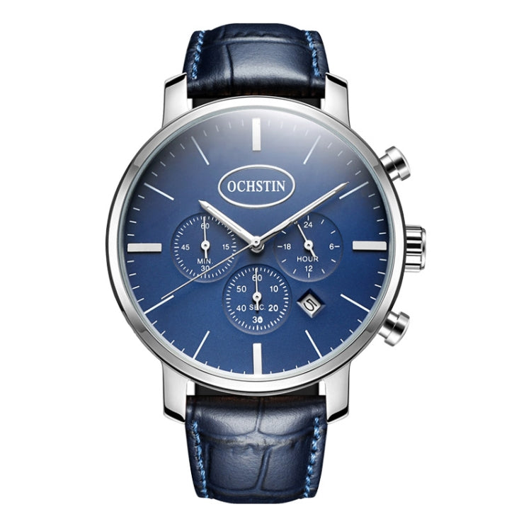 OCHSTIN 6066A Prominente Series Multifunctional Quartz Luminous Men Watch(Silver+Blue) - Leather Strap Watches by OCHSTIN | Online Shopping South Africa | PMC Jewellery | Buy Now Pay Later Mobicred