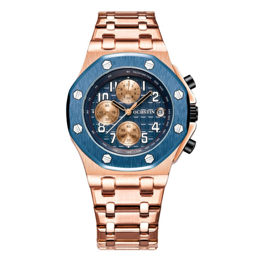 OCHSTIN 6100D Multifunctional Quartz Waterproof Luminous Steel Strap Men Watch(Blue+Rose Gold) - Metal Strap Watches by OCHSTIN | Online Shopping South Africa | PMC Jewellery | Buy Now Pay Later Mobicred