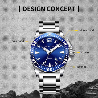 OCHSTIN 7002B Multifunctional Quartz Waterproof Luminous Steel Strap Men Watch(Silver+Blue) - Metal Strap Watches by OCHSTIN | Online Shopping South Africa | PMC Jewellery | Buy Now Pay Later Mobicred