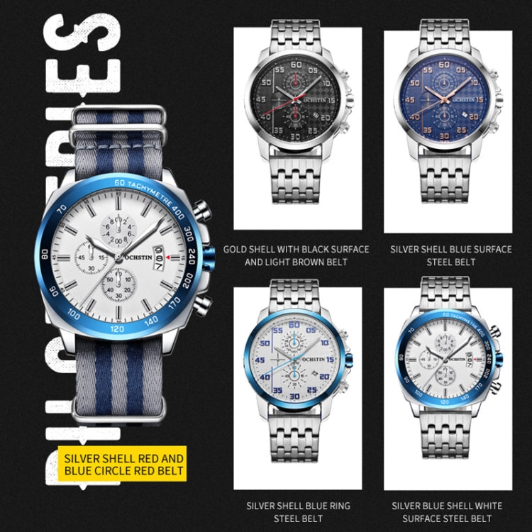 OCHSTIN 7079 Multifunctional Quartz Waterproof Luminous Steel Strap Men Watch(Silver Blue 02) - Metal Strap Watches by OCHSTIN | Online Shopping South Africa | PMC Jewellery | Buy Now Pay Later Mobicred