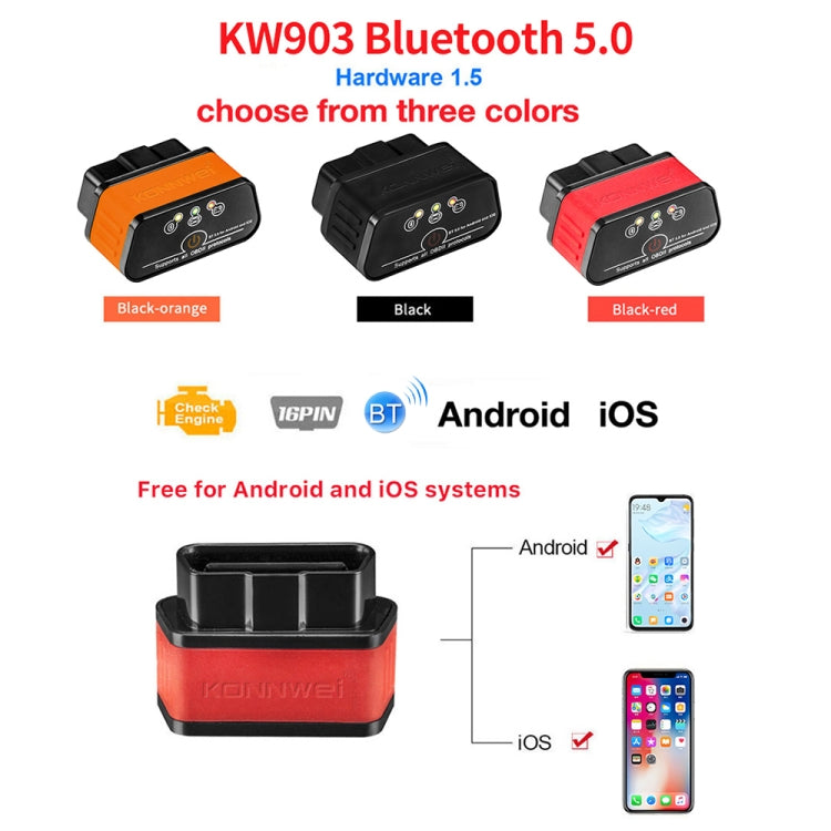KONNWEI KW903 Bluetooth 5.0 OBD2 Car Fault Diagnostic Scan Tools Support IOS / Android(Black) - Code Readers & Scan Tools by KONNWEI | Online Shopping South Africa | PMC Jewellery