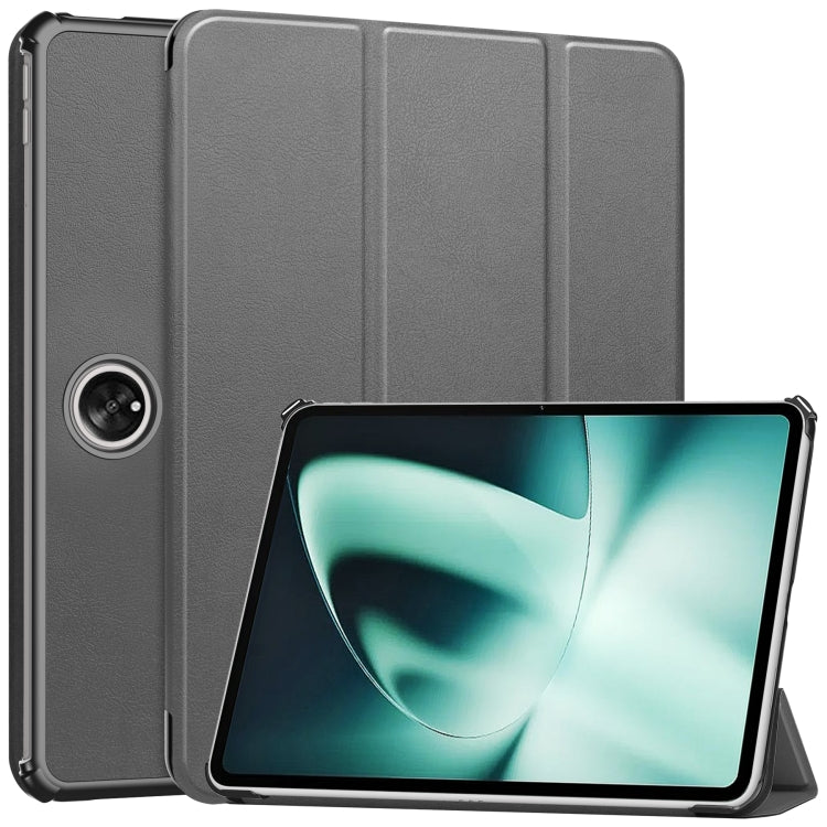 For OnePlus Pad Custer Pure Color 3-Fold Holder Smart Leather Tablet Case(Grey) - Others by PMC Jewellery | Online Shopping South Africa | PMC Jewellery