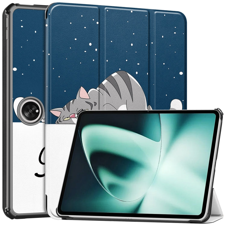For OnePlus Pad Custer Painted 3-Fold Holder Smart Leather Tablet Case(Lazy Cat) - free shipping - PMC TechLife - Order now!