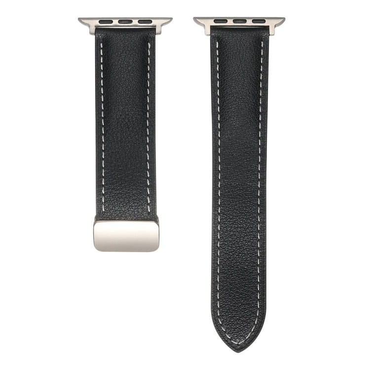 Folding Buckle Genuine Leather Watch Band For Apple Watch Ultra 49mm / Series 8&7 45mm / SE 2&6&SE&5&4 44mm / 3&2&1 42mm(Black) - Smart Wear by PMC Jewellery | Online Shopping South Africa | PMC Jewellery