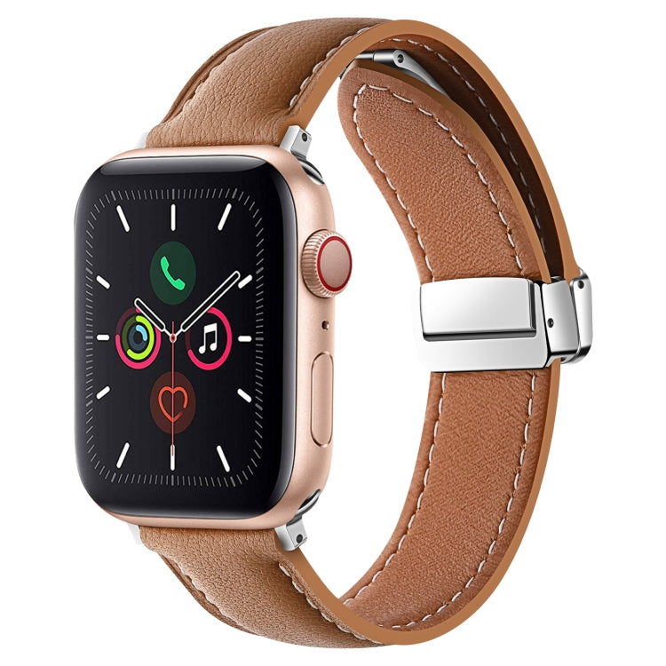 Folding Buckle Genuine Leather Watch Band For Apple Watch Series 8&7 41mm / SE 2&6&SE&5&4 40mm / 3&2&1 38mm(Brown) -  by PMC Jewellery | Online Shopping South Africa | PMC Jewellery