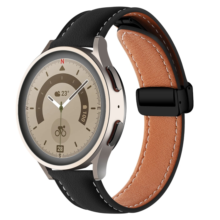 20mm Folding Buckle Plain Weave Genuine Leather Watch Band(Black+Black) - Smart Wear by PMC TechLife | Online Shopping South Africa | PMC TechLife