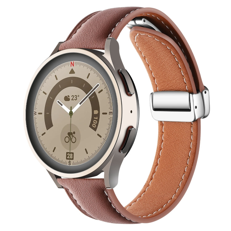 20mm Folding Buckle Plain Weave Genuine Leather Watch Band(Brown+Silver) - Smart Wear by PMC TechLife | Online Shopping South Africa | PMC TechLife