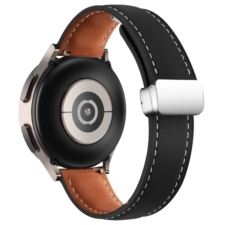 22mm Folding Buckle Plain Weave Genuine Leather Watch Band(Black+Silver) - Smart Wear by PMC TechLife | Online Shopping South Africa | PMC TechLife