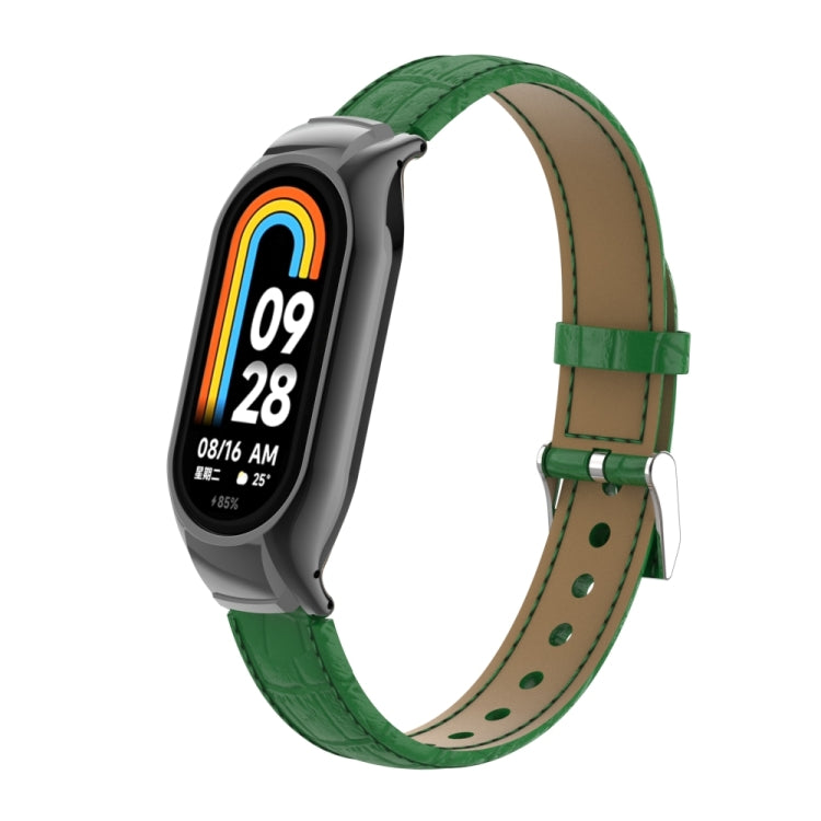 For Xiaomi Mi Band 8 Integrated Metal Case + Cocodile Texture Leather Watch Band(Green) - Smart Wear by PMC Jewellery | Online Shopping South Africa | PMC Jewellery