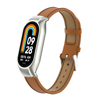 For Xiaomi Mi Band 8 Integrated Metal Case + Litchi Texture Leather Watch Band(Brown) - Smart Wear by PMC Jewellery | Online Shopping South Africa | PMC Jewellery