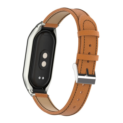 For Xiaomi Mi Band 8 Integrated Metal Case + Litchi Texture Leather Watch Band(Brown) - Smart Wear by PMC Jewellery | Online Shopping South Africa | PMC Jewellery