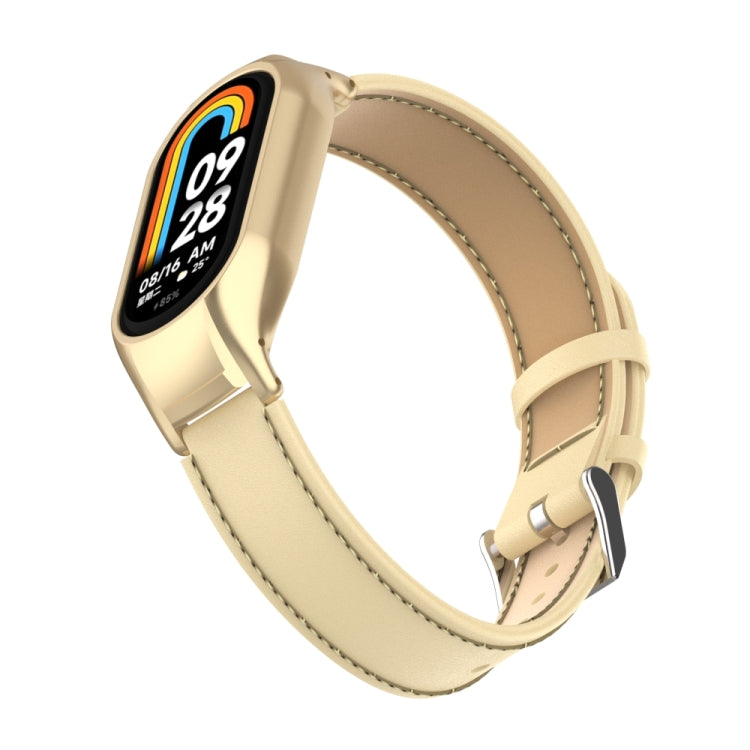 For Xiaomi Mi Band 8 Integrated Metal Case + Microfiber Sewing Leather Watch Band(Champagne) - Smart Wear by PMC Jewellery | Online Shopping South Africa | PMC Jewellery