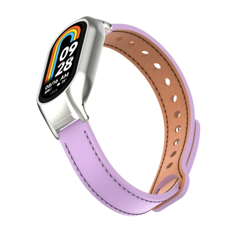 For Xiaomi Mi Band 8 Integrated Metal Case + Double Nail Microfiber Leather Watch Band(Pink Purple) - Smart Wear by PMC Jewellery | Online Shopping South Africa | PMC Jewellery