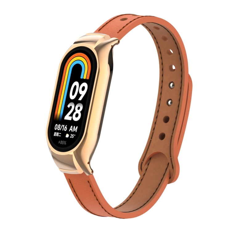 For Xiaomi Mi Band 8 Integrated Metal Case + Double Nail Microfiber Leather Watch Band(Orange) - Smart Wear by PMC Jewellery | Online Shopping South Africa | PMC Jewellery