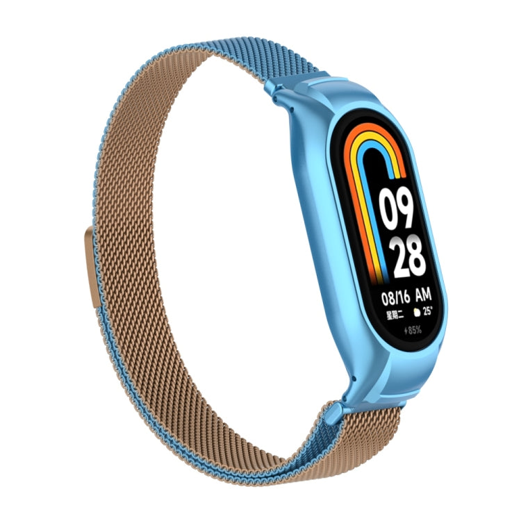 For Xiaomi Mi Band 8 Integrated Metal Case + Milanese Magnetic Watch Band(Gold Blue) - Smart Wear by PMC Jewellery | Online Shopping South Africa | PMC Jewellery